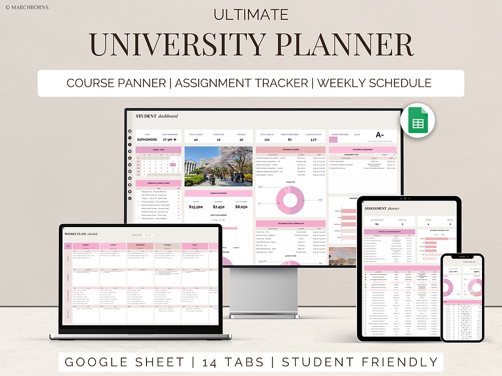 Student planner template in Google Sheets for organizing assignments, classes, and study schedules