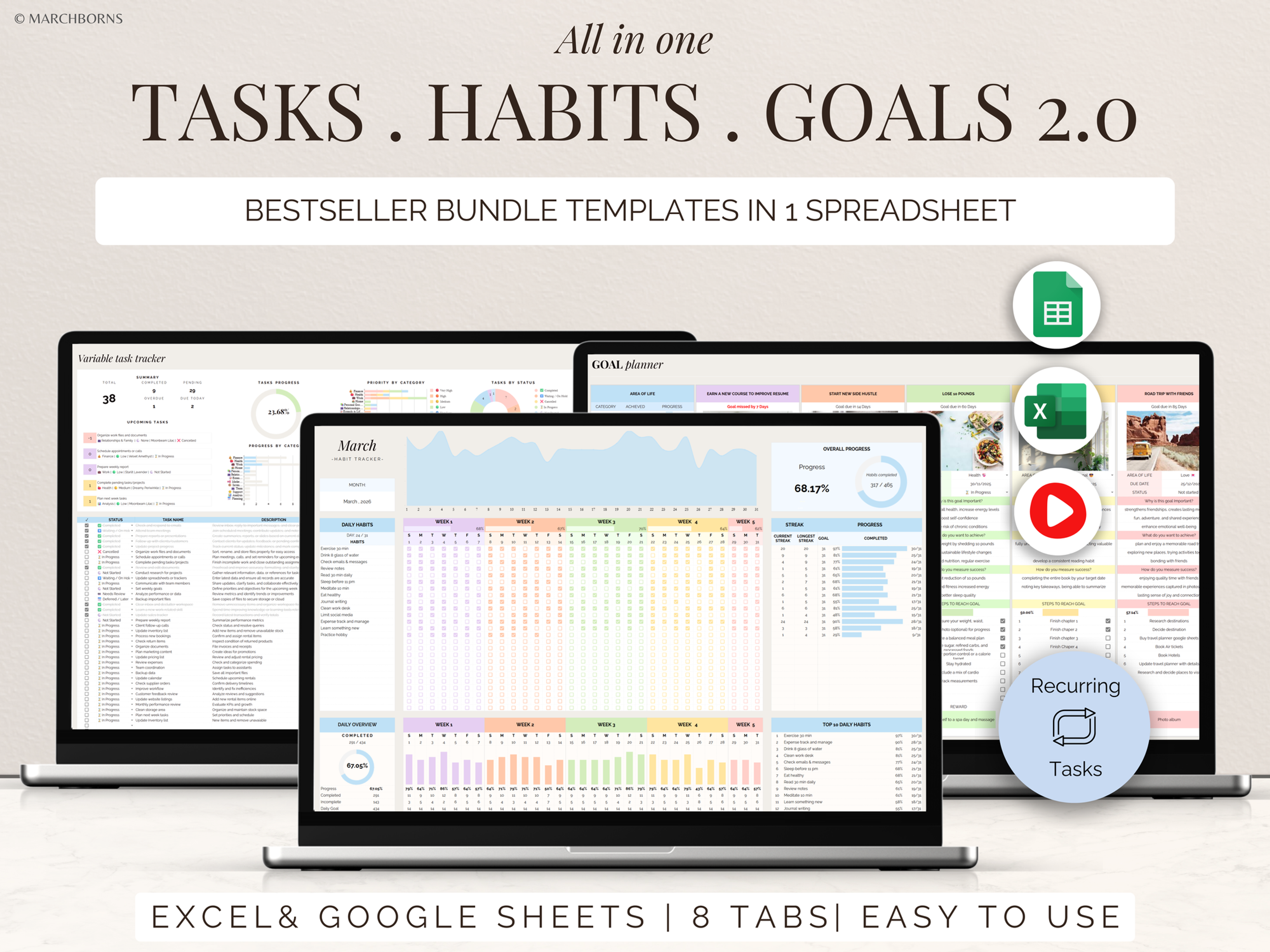 Tasks habits goals planner spreadsheet light mode dashboard overview
