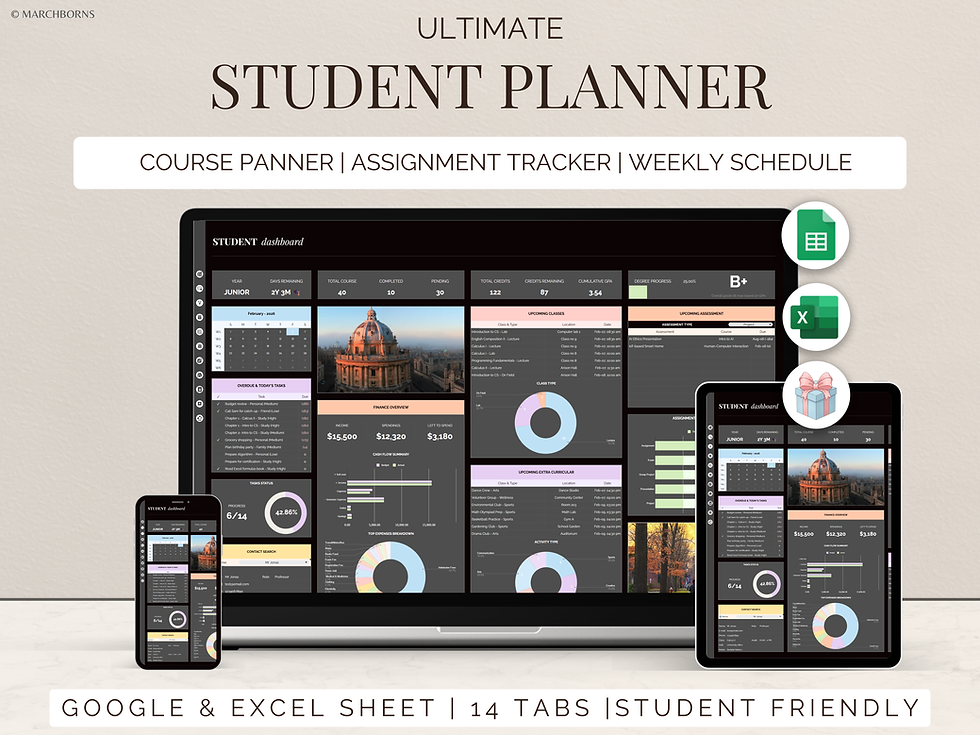 Academic student planner dashboard in Google Sheets and Excel template dark mode assignment tracker