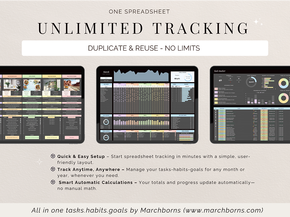 Thumbnail: Minimalist dark mode spreadsheet layout with organized tabs for tasks habits and goals tracking system
