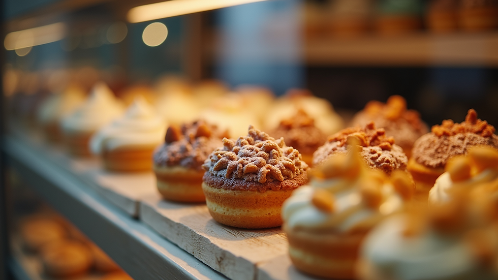 Close-up view of seasonal treats on display in the bakery