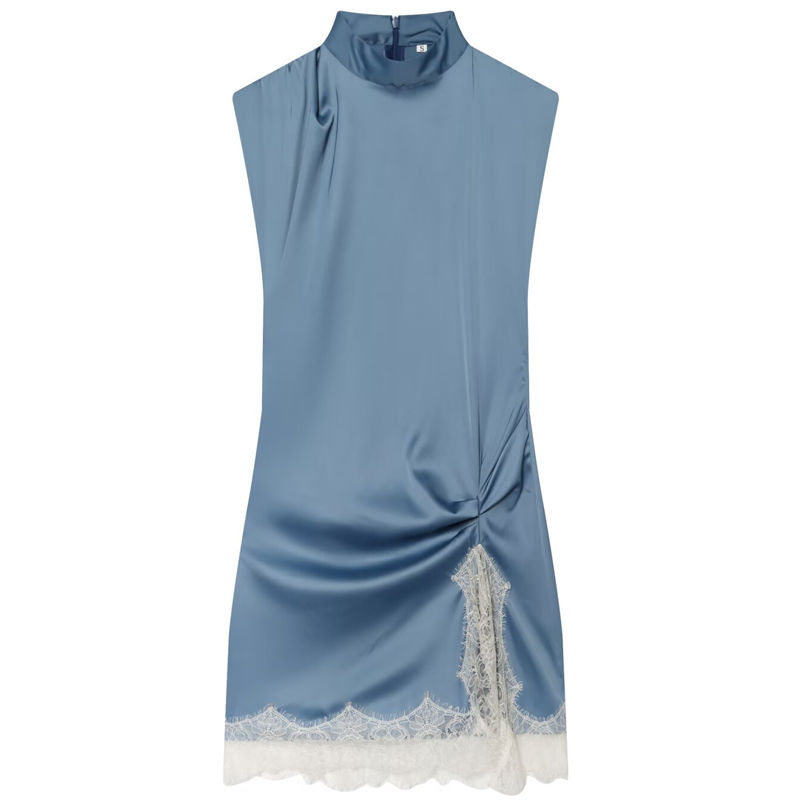 Miniatura: HXAO Satin Ruffled Lace Dresses Women's Dress Summer 2026 Female Mini Dusty Blue