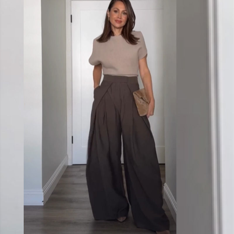 Miniatura: HXAO Women's Pants Baggy Wide Pants For Woman Minimalist Pleated Stripe Casual P