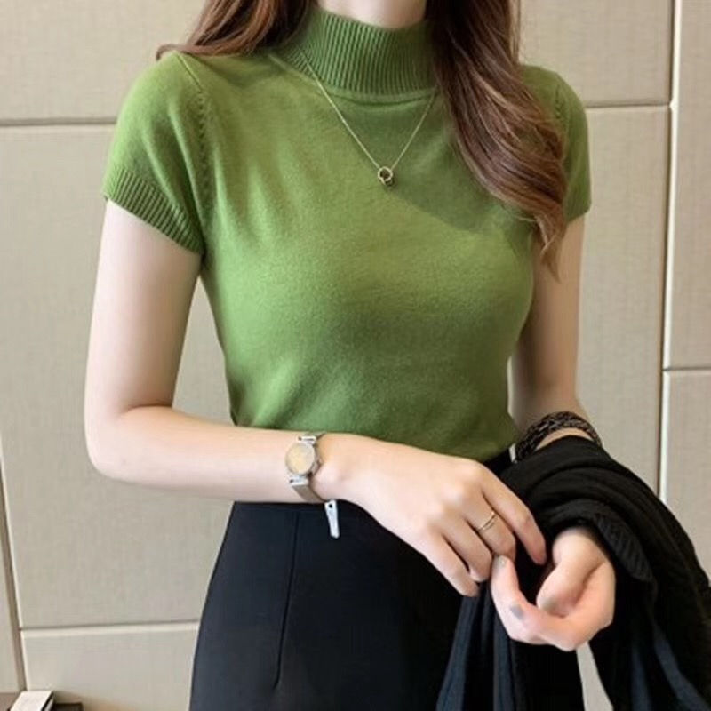 Half-High Neck T-Shirt Women's Fashion Jumper Casual Tops Korean Style Elegant S