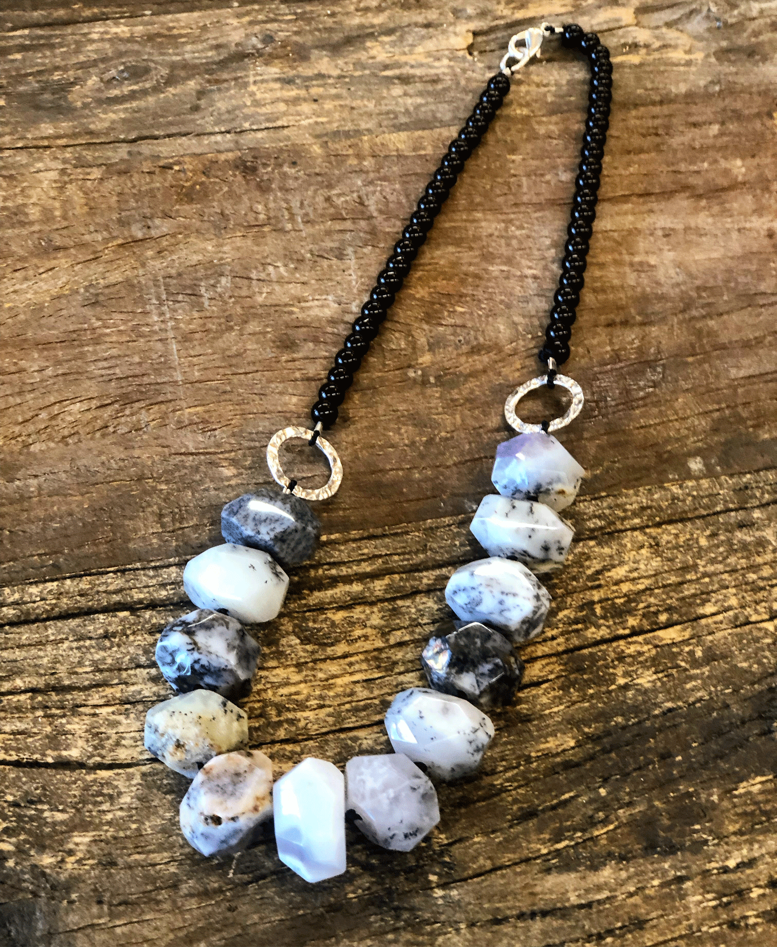 Dendrite Opal necklace was hand knotted with black silk and finished with Vintage Glass