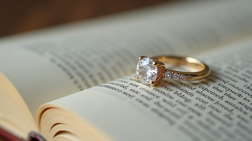 High angle view of a sparkling solitaire engagement ring resting on an open book