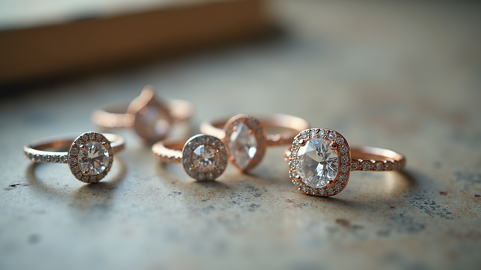 High angle view of a variety of halo engagement rings featuring different shapes