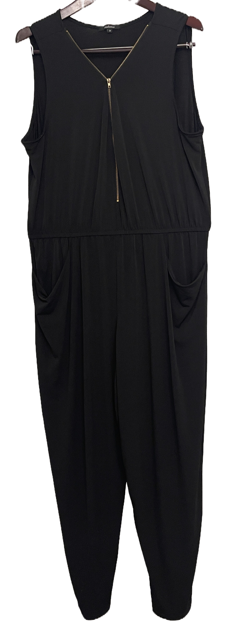 Ambiance Black Sleeveless Gold Zip-Front Harem Jumpsuit - Women’s 2X