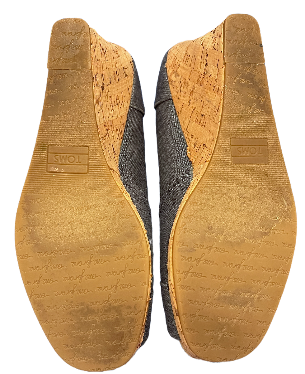 Thumbnail: TOMS Gray Denim Canvas Peep-Toe Cork Wedges - Women’s 8.5, photo 4