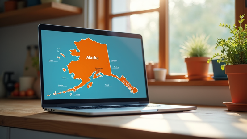 A laptop on a wooden kitchen counter displaying a colorful map of Alaska, with cities like Anchorage