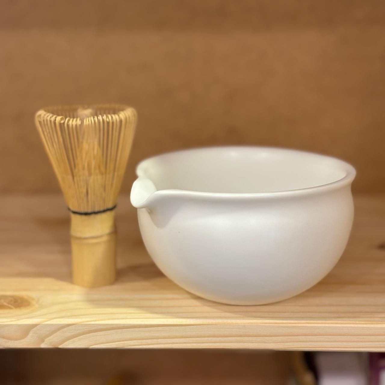 Glossy White Matcha Bowl with Bamboo Whisk