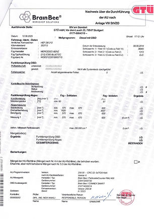 AU nach Reinigung mit BeDi Flush und BeDi DPF AGR Turbo-Cleaner null Partikelemissionen durch BeDi Rußabbrand Beschleuniger