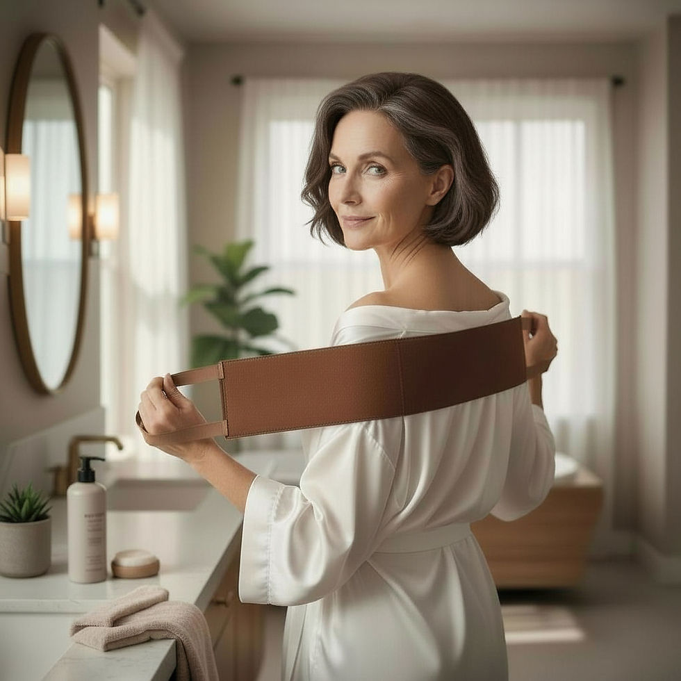 mature women looking over left shoulder, holding lotion applicator on back