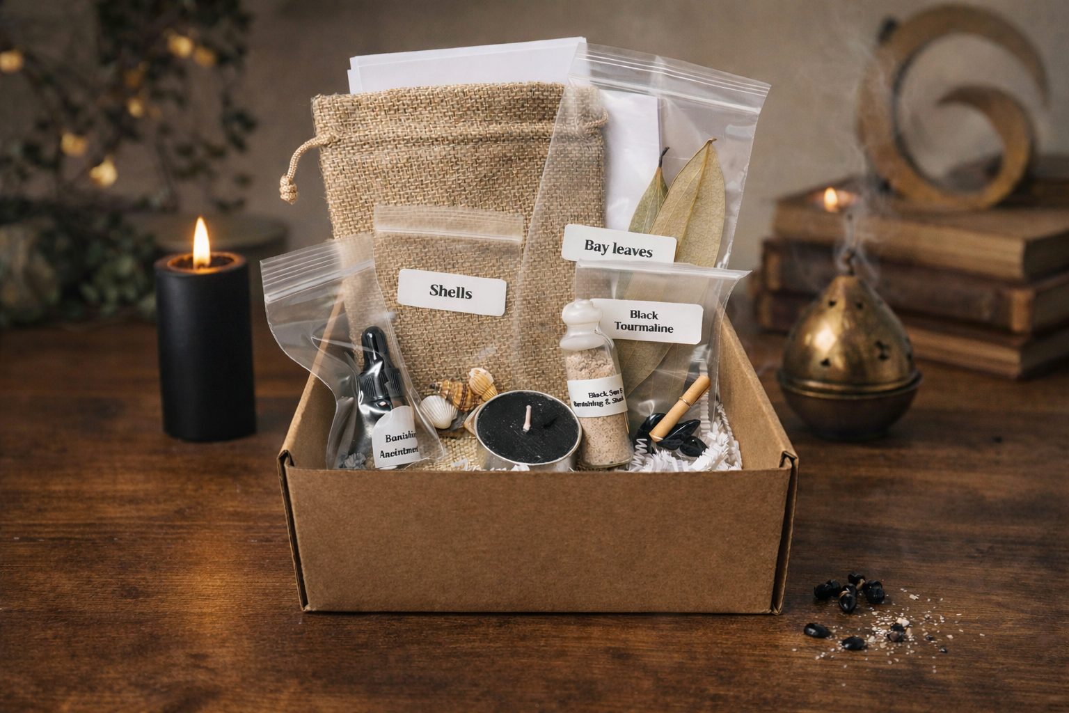Banishing and Protection Ritual Kit: Home Cleansing Tools (Crystals & Herbs)