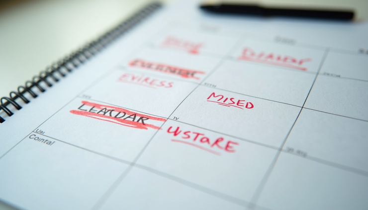 Close-up of a calendar with missed deadlines marked in red
