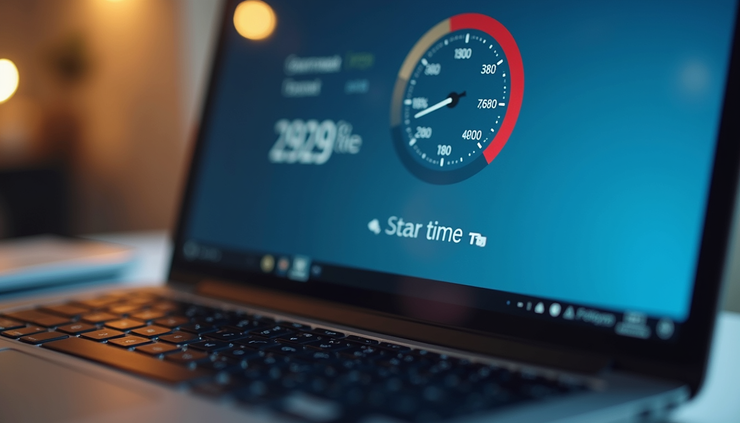 Close-up of a laptop screen showing a website loading speed test result