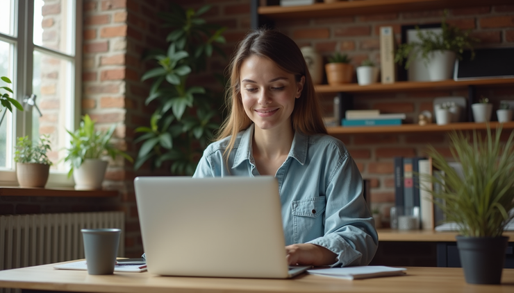 Eye-level view of a small business owner working on a laptop in a cozy home office