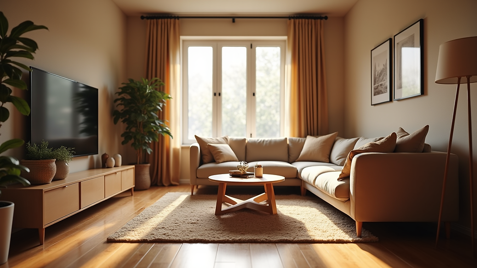 Eye-level view of a cozy living room with a warm color palette