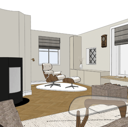 Zithoek met haard en relax fauteuil Eames.