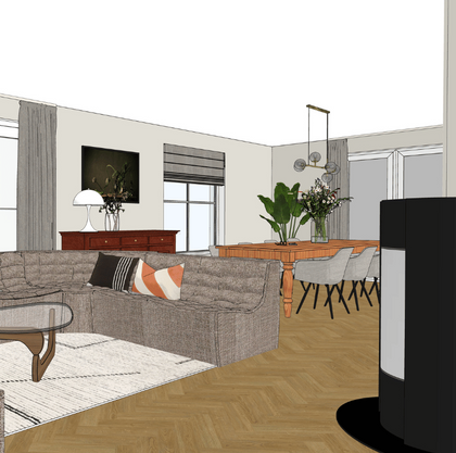 Een kijk vanuit de zithoek naar de eethoek, landelijk klassieke stijl.