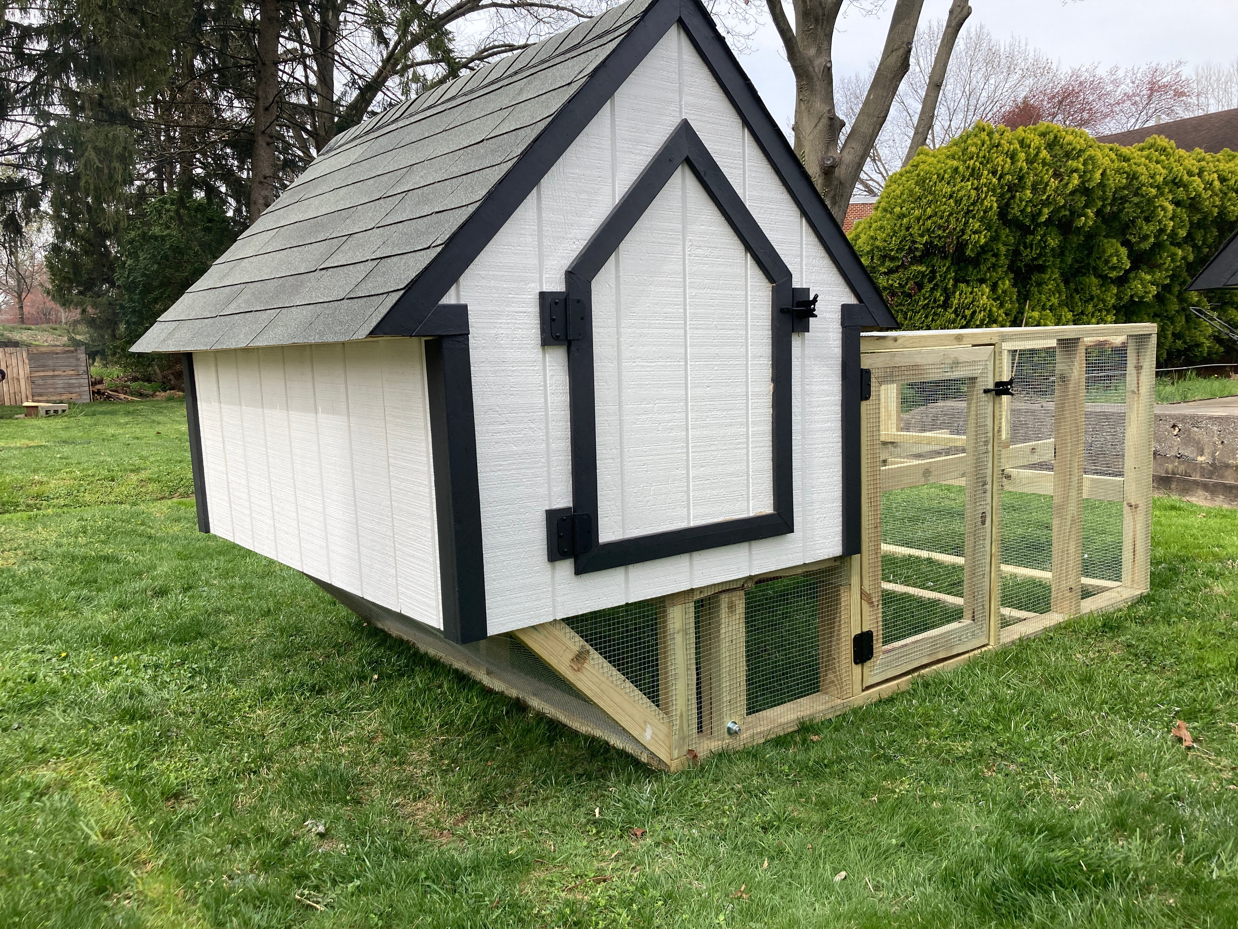 Large Mobile Chicken Tractor - 4x6 house with 6x8 run - White with Black Trim