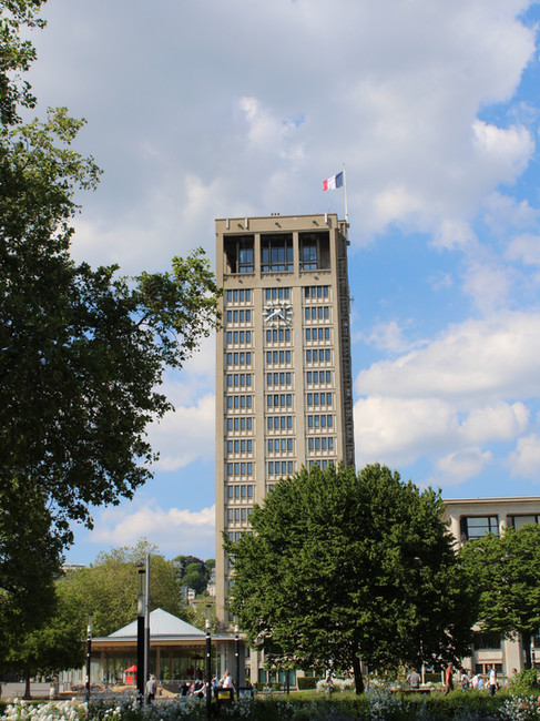 The modern clock tower of Le Havre's Town Hall.