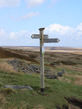 A wooden fingerpost sign on the Brontë Moors pointing toward "Top Withens," "Brontë Falls," and "Haworth." Interestingly, the sign also includes the name "Arashi Ga Oka" (the Japanese title for Wuthering Heights), highlighting the trail's international literary appeal.