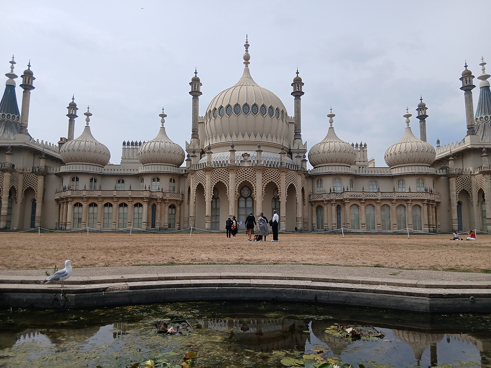 The soaring domes and minarets of Brighton's Royal Pavilion, with a reflecting pool in front