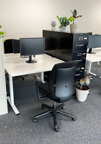 Desks with monitors available now.