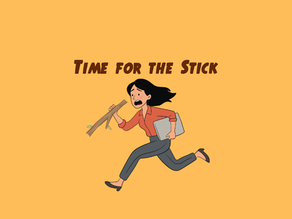 a woman running with a laptop and stick, yelling