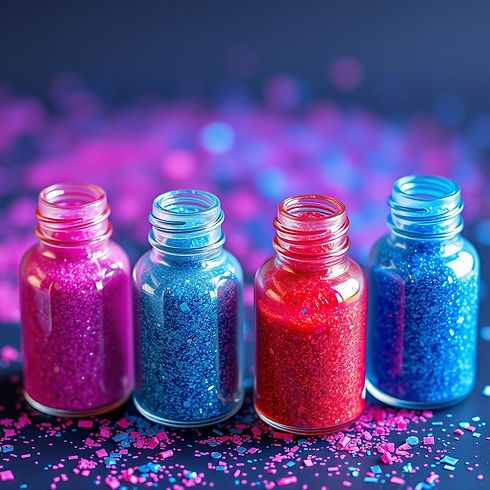 bright smal bottles of glitter, fun, lots of bright pinks, blues .jpg