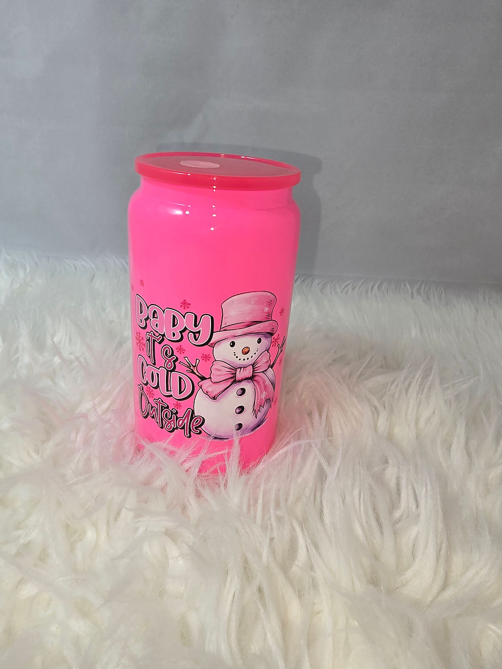 16oz glass pink snowman tumbler