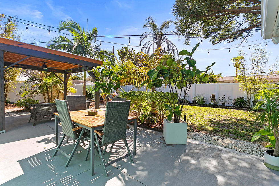 Back Patio with seating under the pergola, and dining table