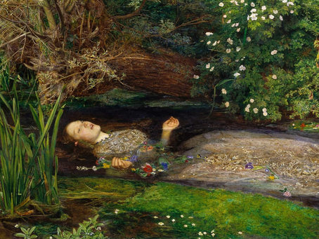 The fate of Ophelia. Ophelia painting by John Everett Millais. Ophelia drowning in the river with flowers in her hand. 