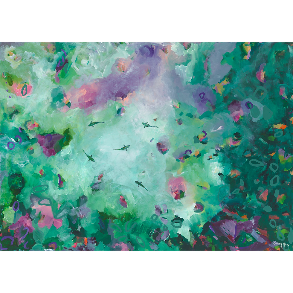 Over the Cliffs Edge, Limited Edition Art Print, sammy ann studio, green artwork, reef sharks, full image