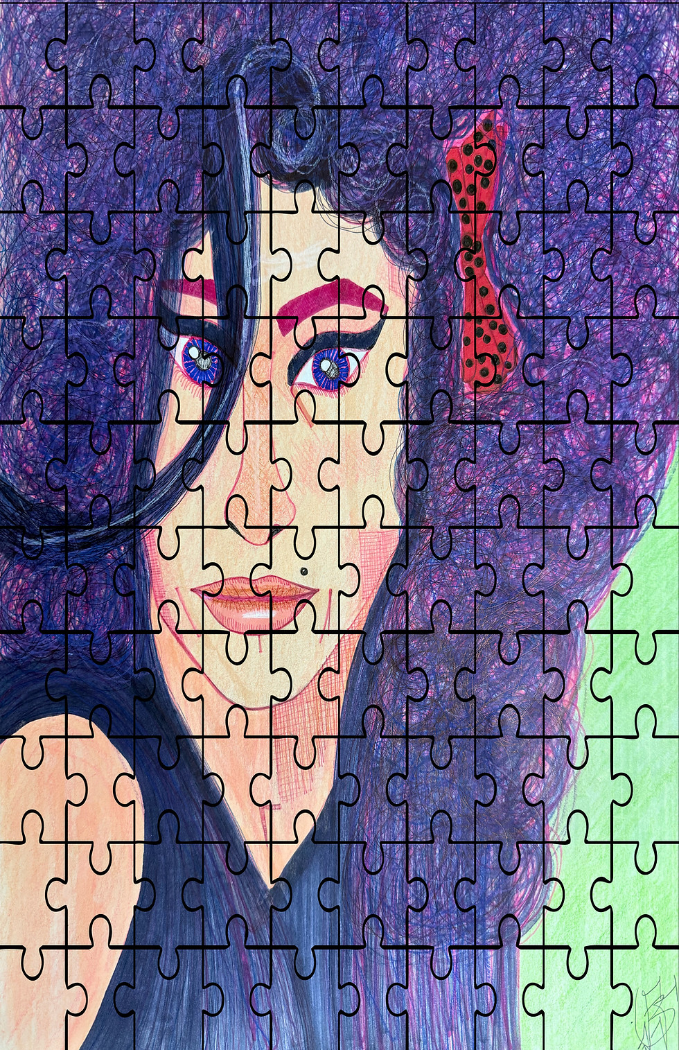 Retrato de mujer con cabello morado y ojos azules, en puzle.