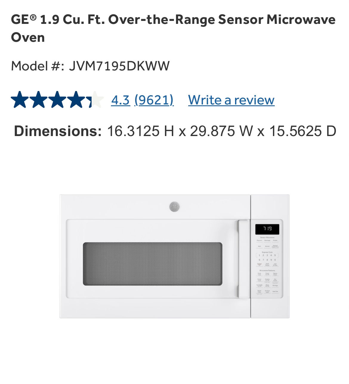 GE® 1.9 Cu. Ft. Over-the-Range Sensor Microwave Oven Model #: JVM7195DKWW