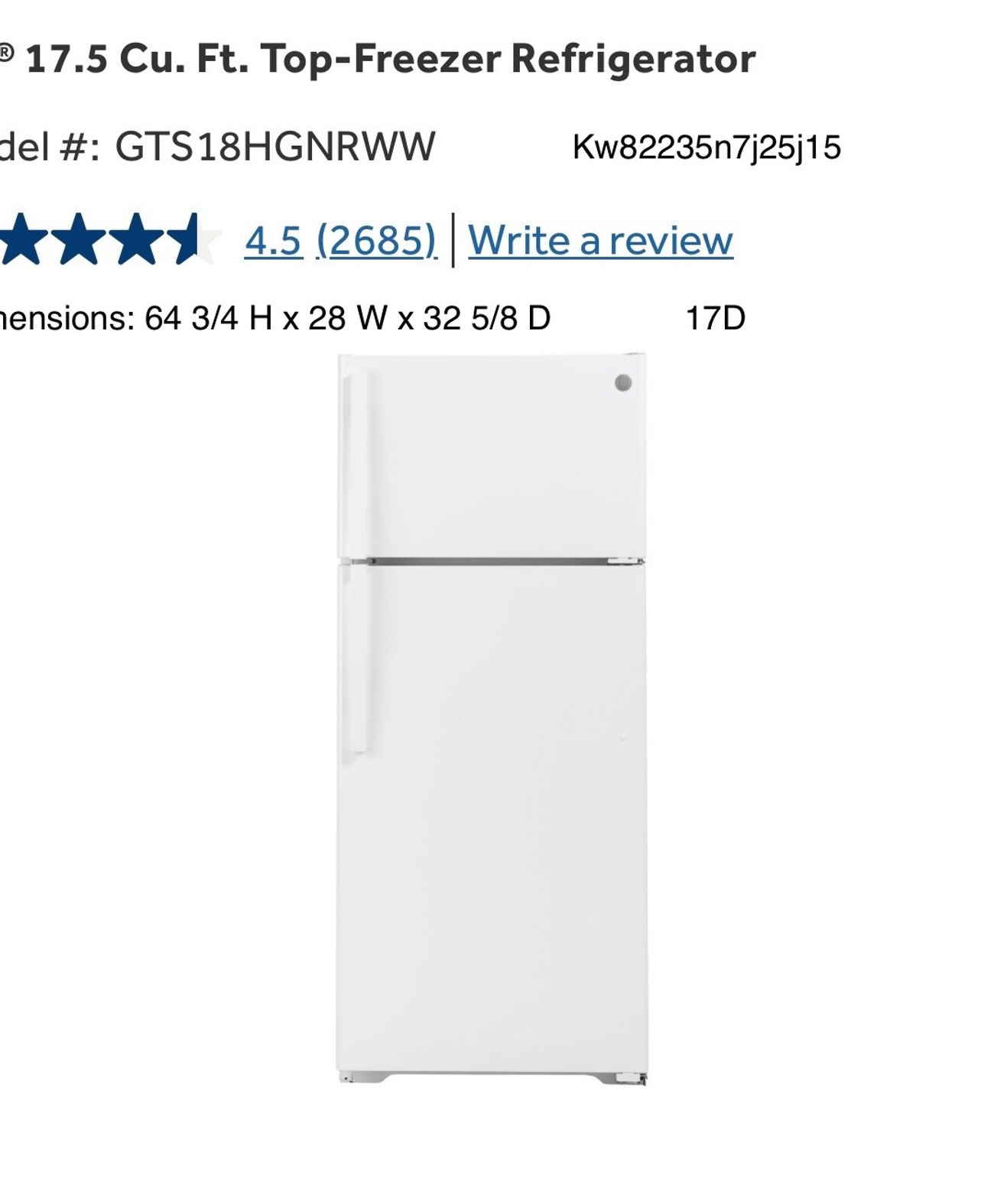 GE® 17.5 Cu. Ft. Top-Freezer Refrigerator Model #: GTS18HGNRWW