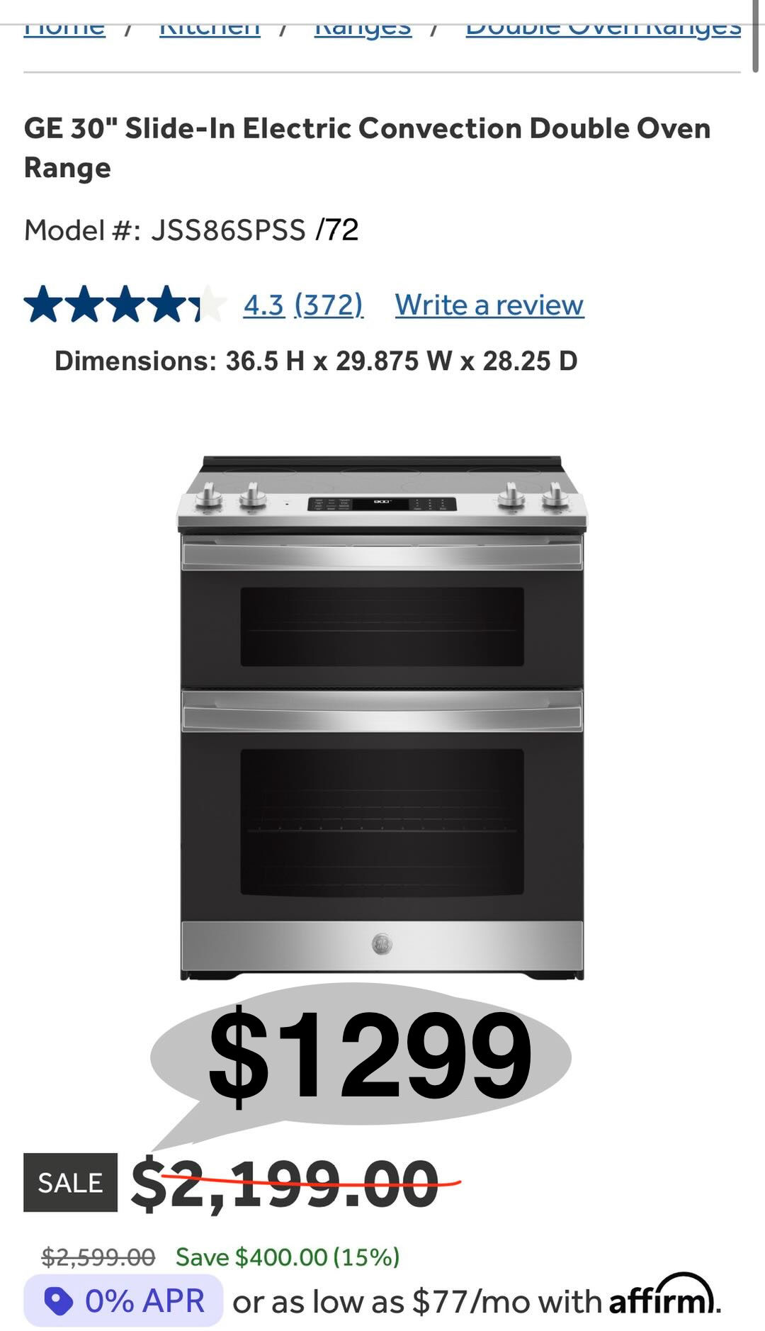 GE 30" Slide-In Electric Convection Double OvenRangeModel #: JSS86SPSS /72