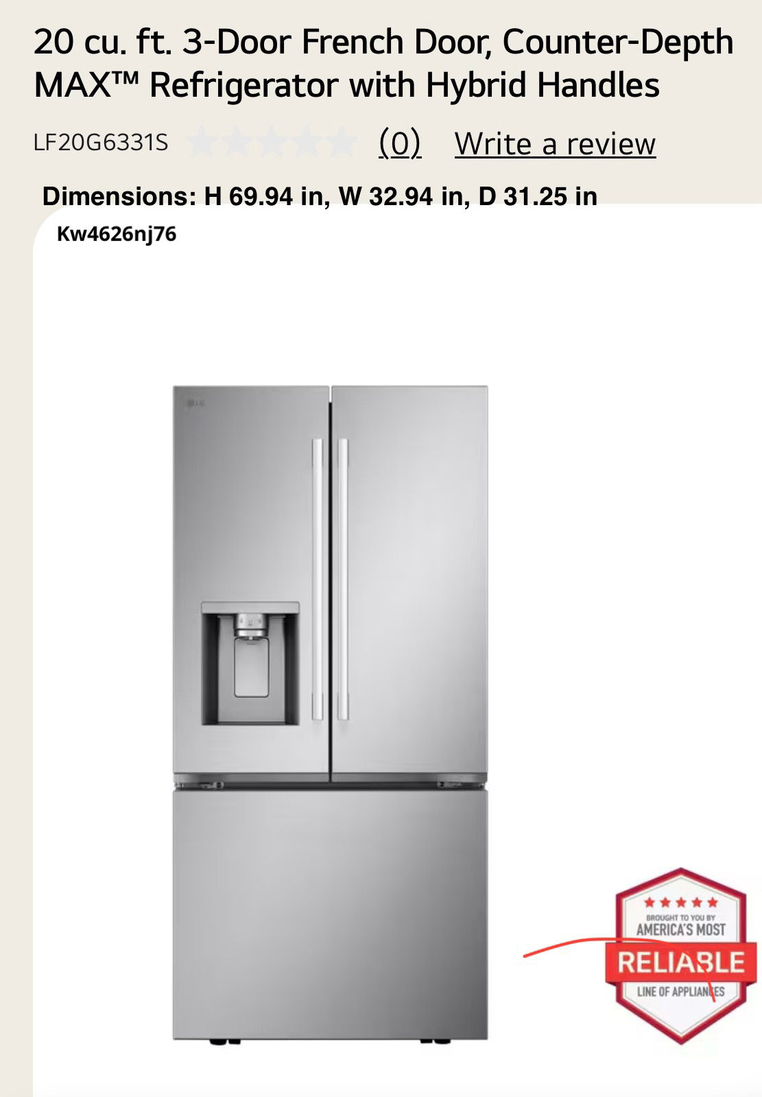 LG LF20G6331S 33" Counter-Depth 3-Door French Door Smart Refrigerator