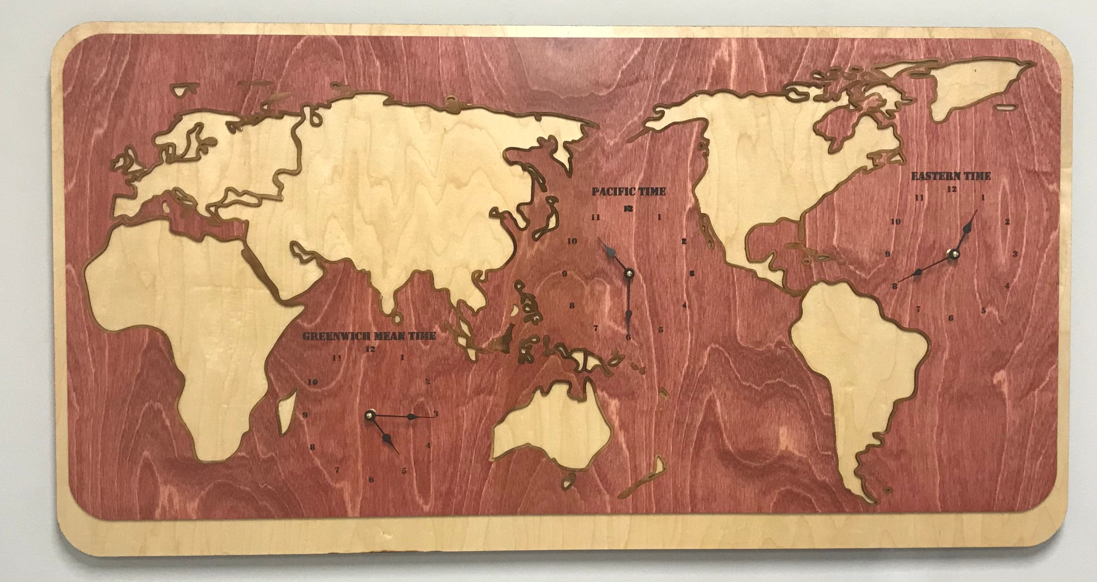 Laser Engraved Clock, World Clock, 3 Time Zones