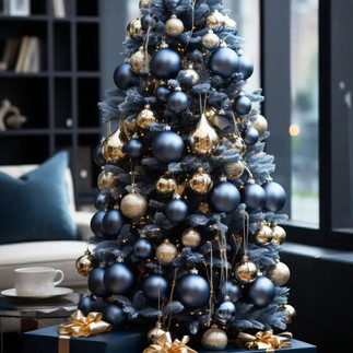 Sapin de noel avec cadeaux au pied dans les teintes de bleu et or