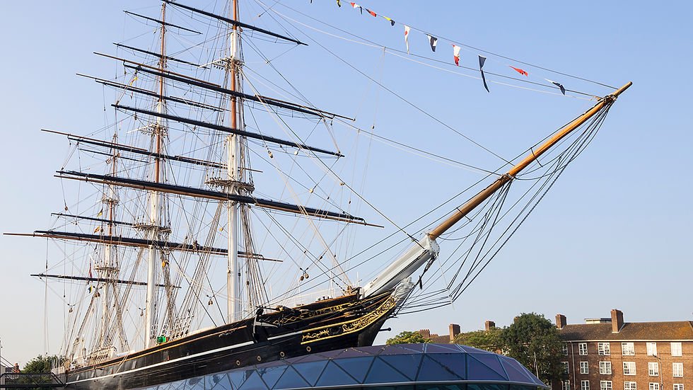 Exterior view of the historic Cutty Sark ship at Greenwich.