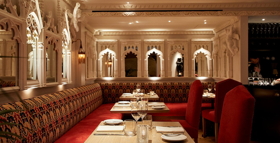 Elegant restaurant interior with Gothic-inspired decor