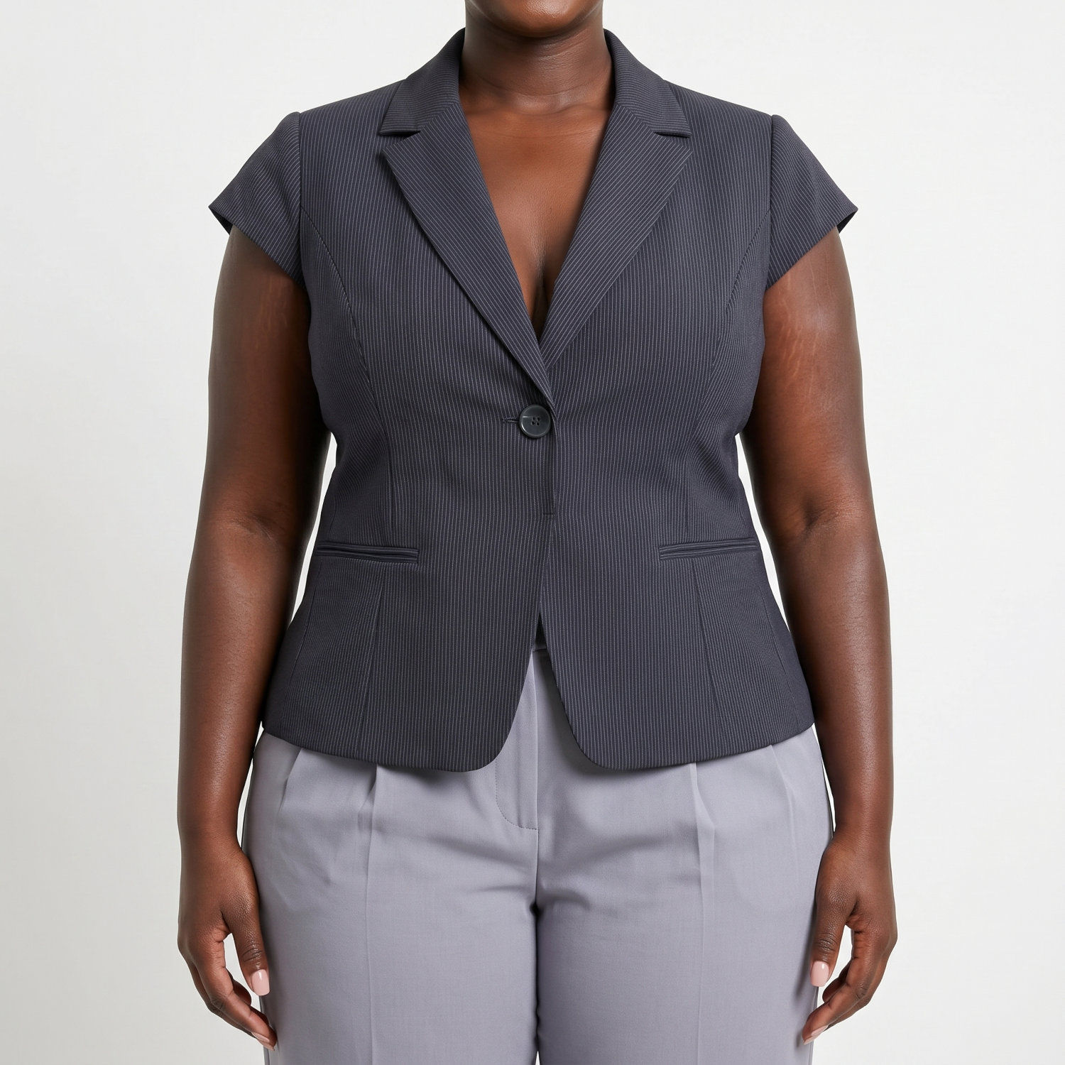 Ann Taylor Navy Pinstriped Short Sleeve Blazer