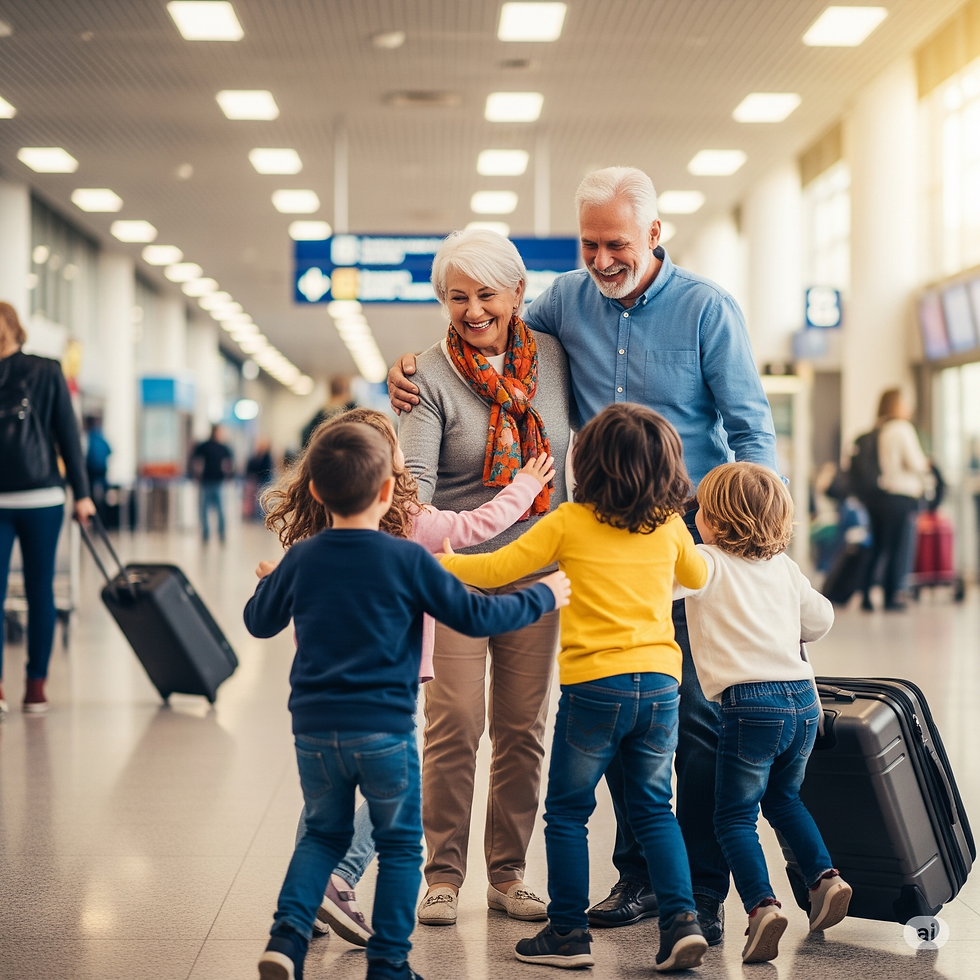 Grandparents in an airport warmly hugging four children. Bright setting, suitcases nearby, overhead signs. Happy, joyful reunion.
