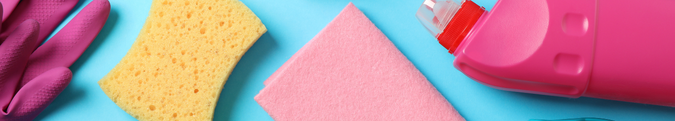 Cleaning supplies on bright blue background