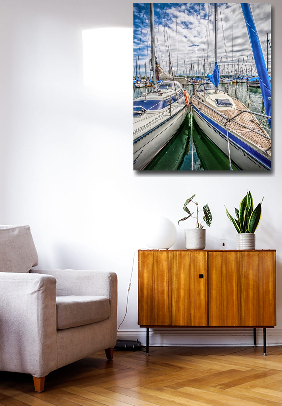 Thumbnail: Sailboats in marina wall art print | Water lake summer canvas picture