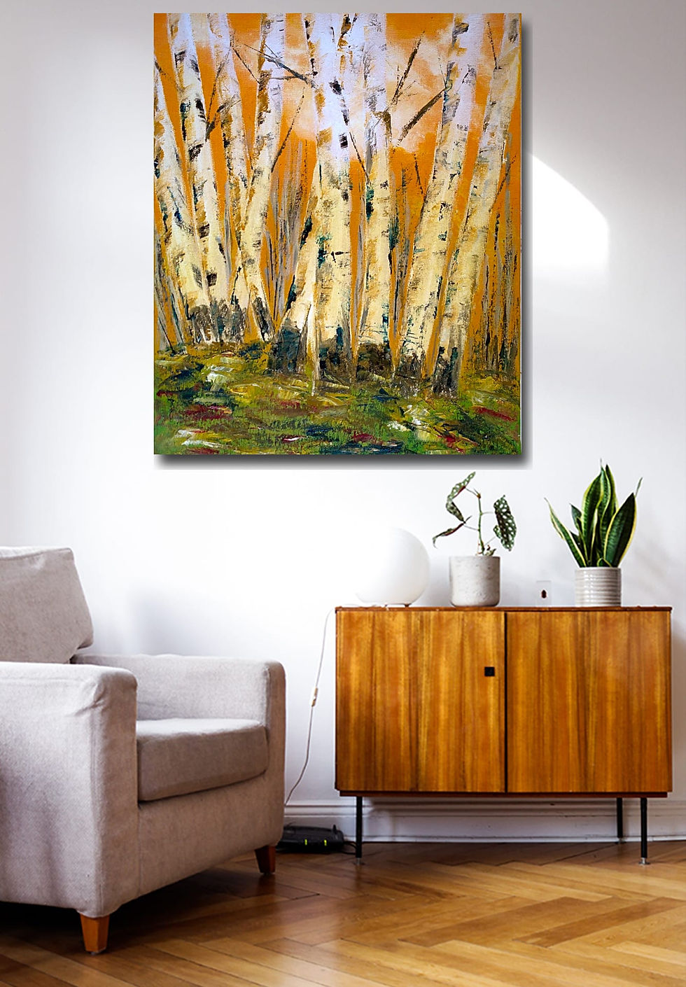 Thumbnail: Birchtree wall art print | Yellow rapsody canvas picture
