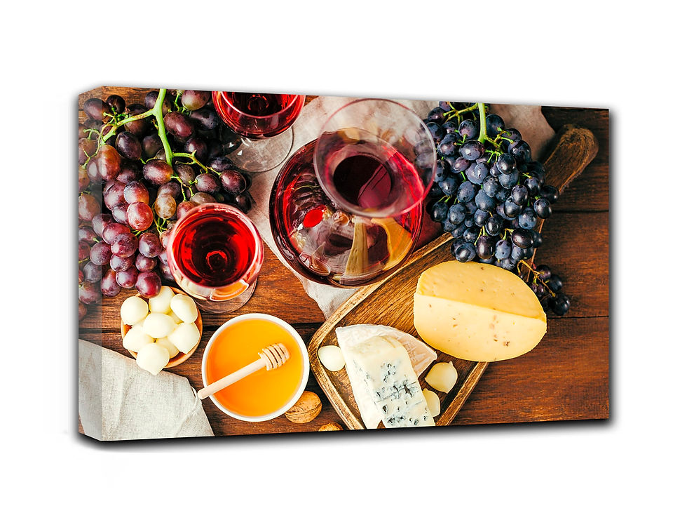 Thumbnail: Wine glasses wall art print | Cheese Grapes Honey canvas picture